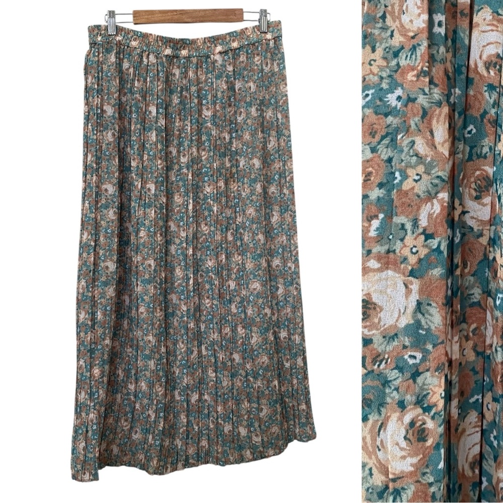 Vintage 90s Teal Khaki Floral Pleated Maxi Skirt M  L